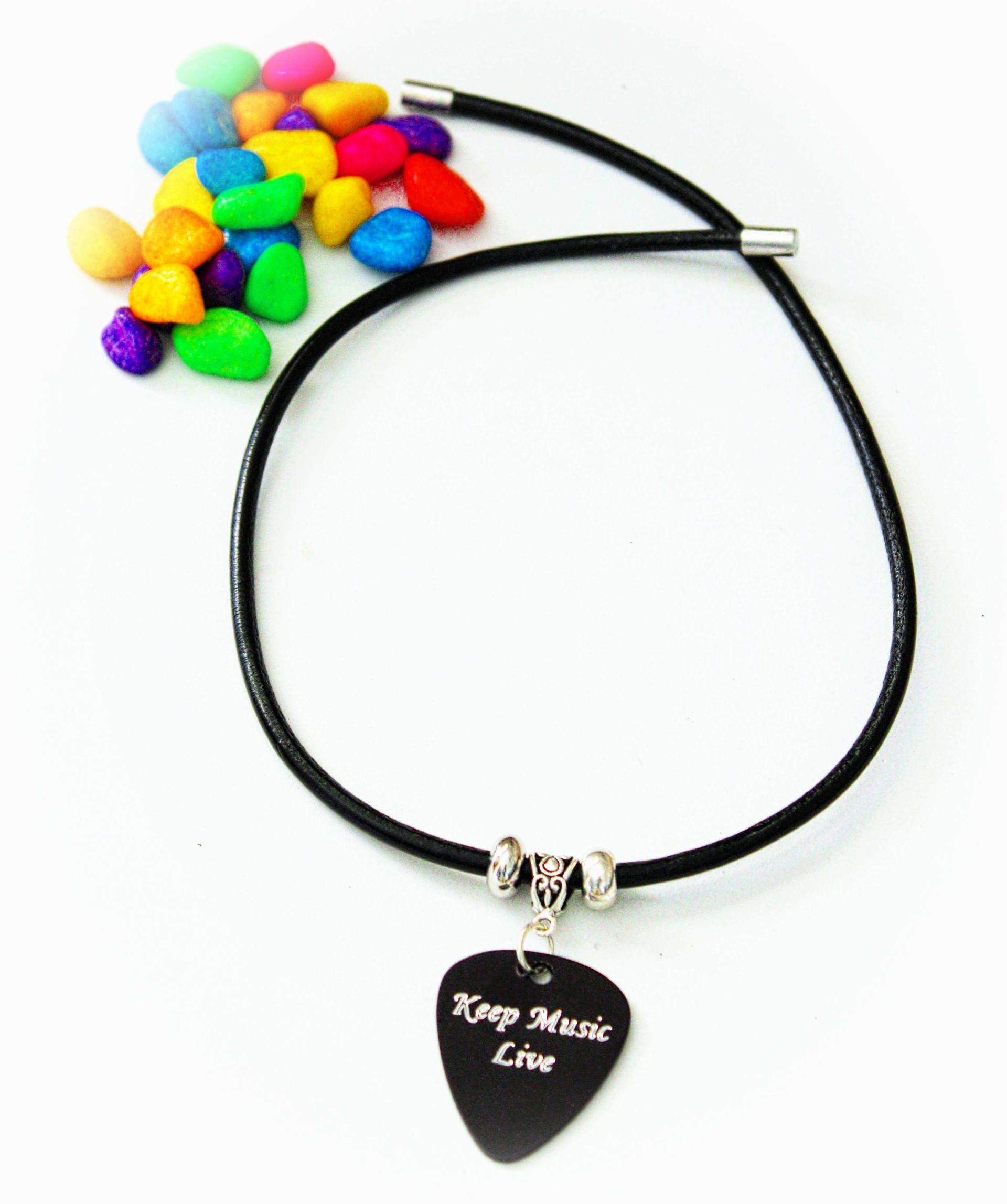 Leather Choker with Metal Guitar Pick - Choice of Slogan and Colour
