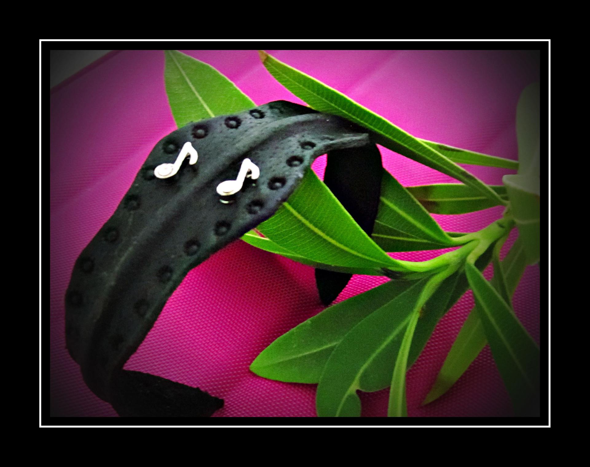 Leather Cuff Bangle With Music Notes - Genuine Black Leather