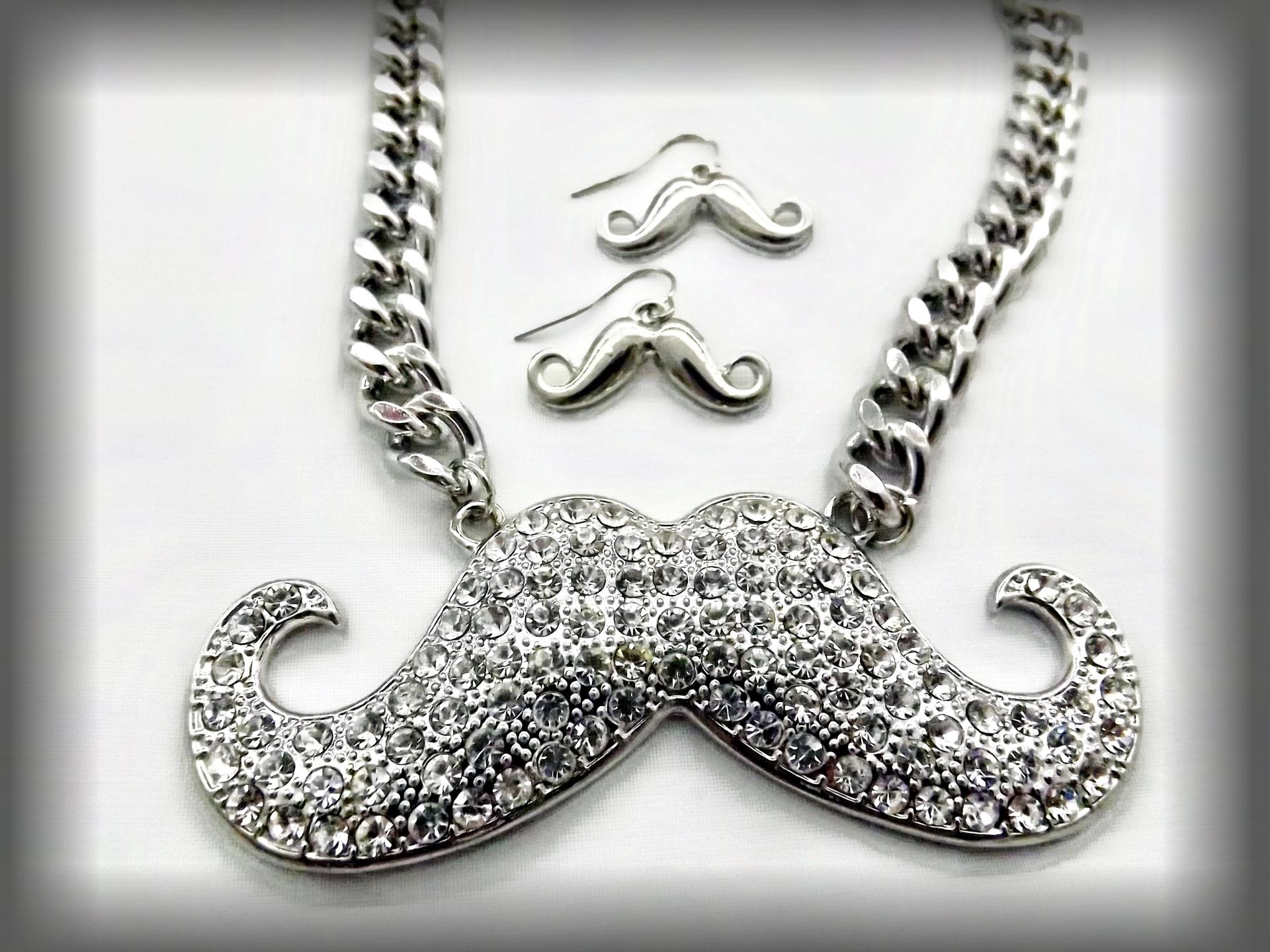 Mustache Hipster Crystal Statement Necklace & Earring Set