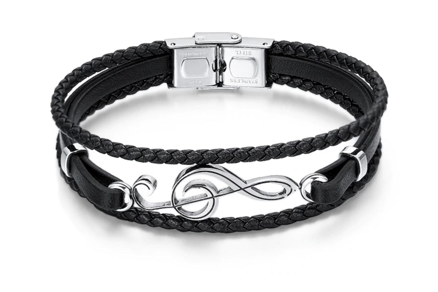 Music Treble Clef Note Bracelet - Stainless Steel and Leather