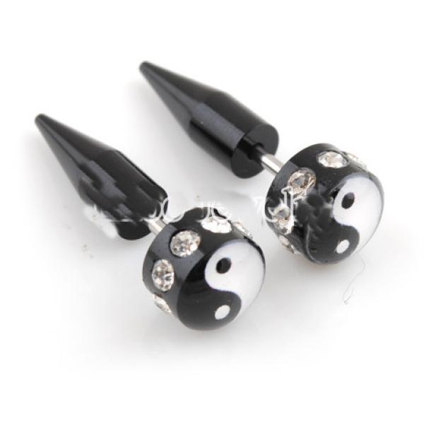 Fake Ear Stretcher Taper - Stainless Steel / Black Acrylic With Gems