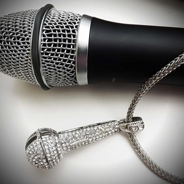 Hip Hop Rapper Iced Out Microphone Pendant Silver Crystal - Ultra Large