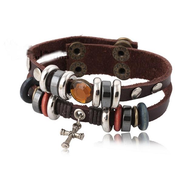 Stainless Steel and Leather Wrap Bracelet with Cross