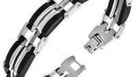 Mens Stainless Steel  & Black Geometric Link Bracelet