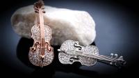 Violin Crystal Pin Brooch Silver and Gold