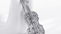 Violin Crystal Pin Brooch Silver