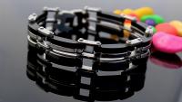 Mens Stainless Steel & Black Geometric Link Bracelet