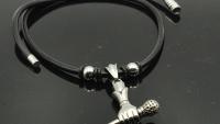 Microphone With Hand Stainless Steel Pendant -Leather cord with beads