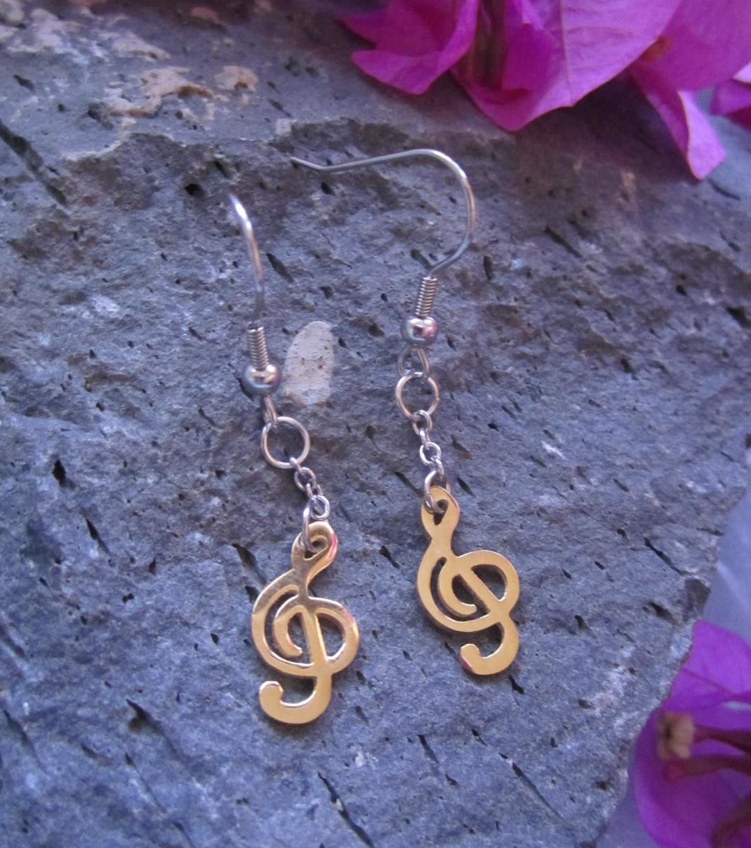 2-tone Musical Treble Clef Note Long Drop Hook Earrings