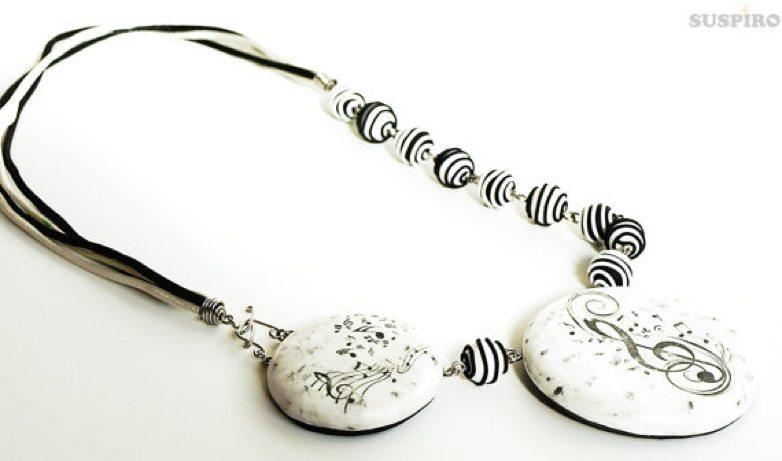 Music Necklace in Clay. Black and White.