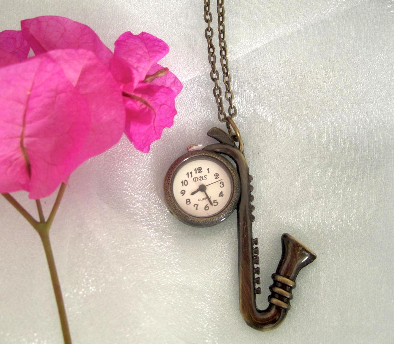 Antique Vintage Saxophone Charm Watch Necklace