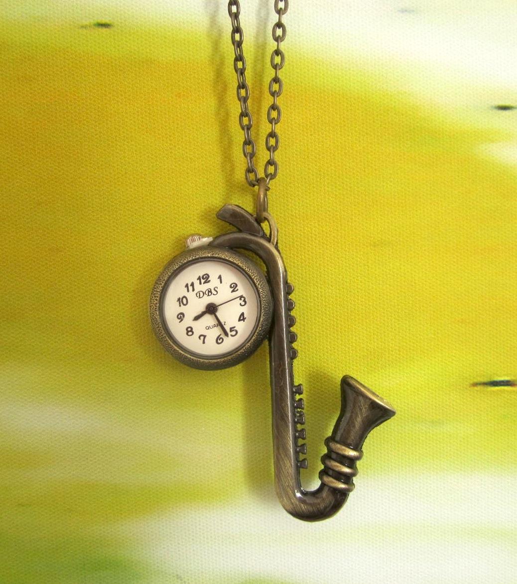 Antique Vintage Saxophone Charm Watch Necklace