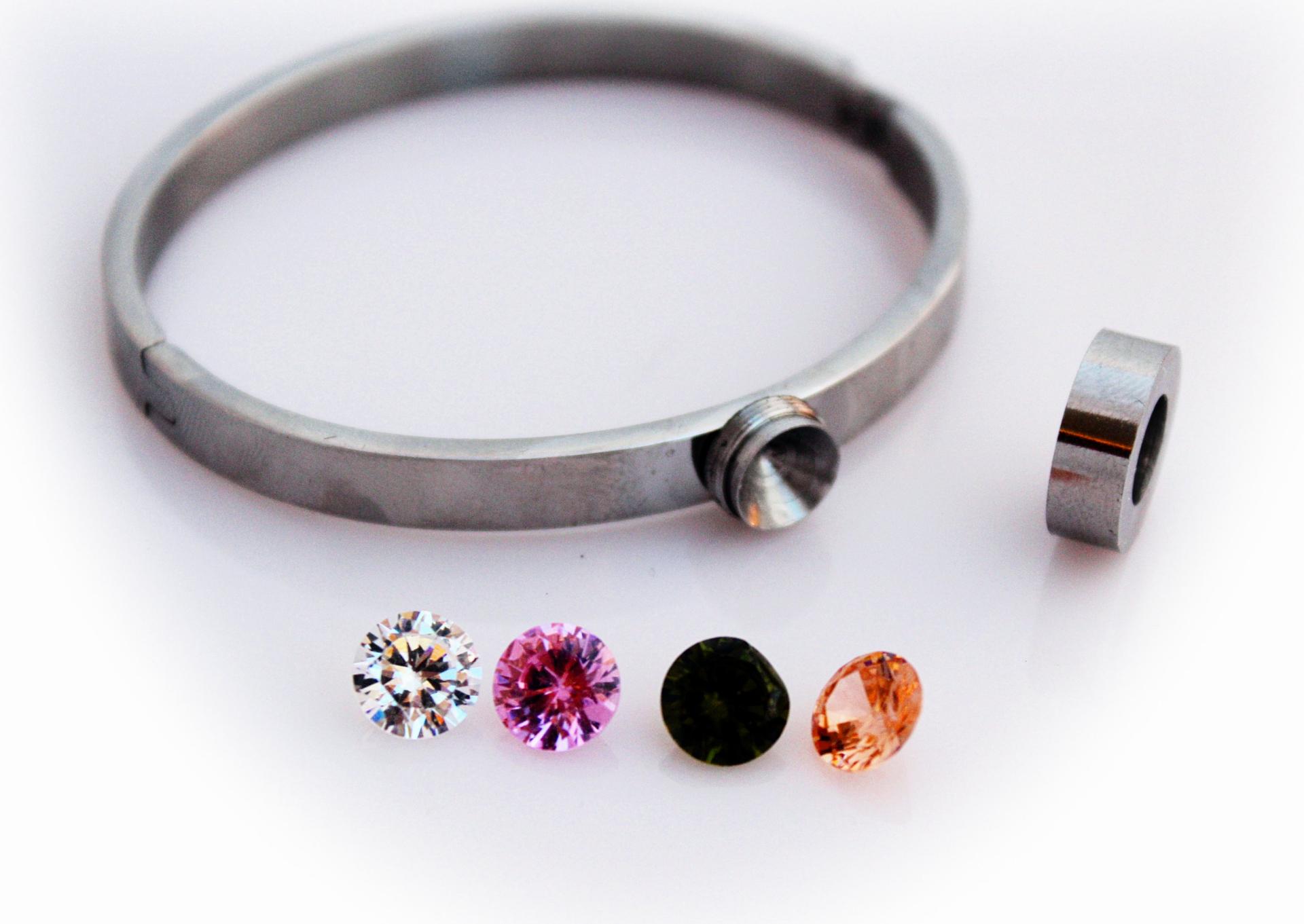 Unique Stainless Steel Stud Bangle With Interchangeable Gems