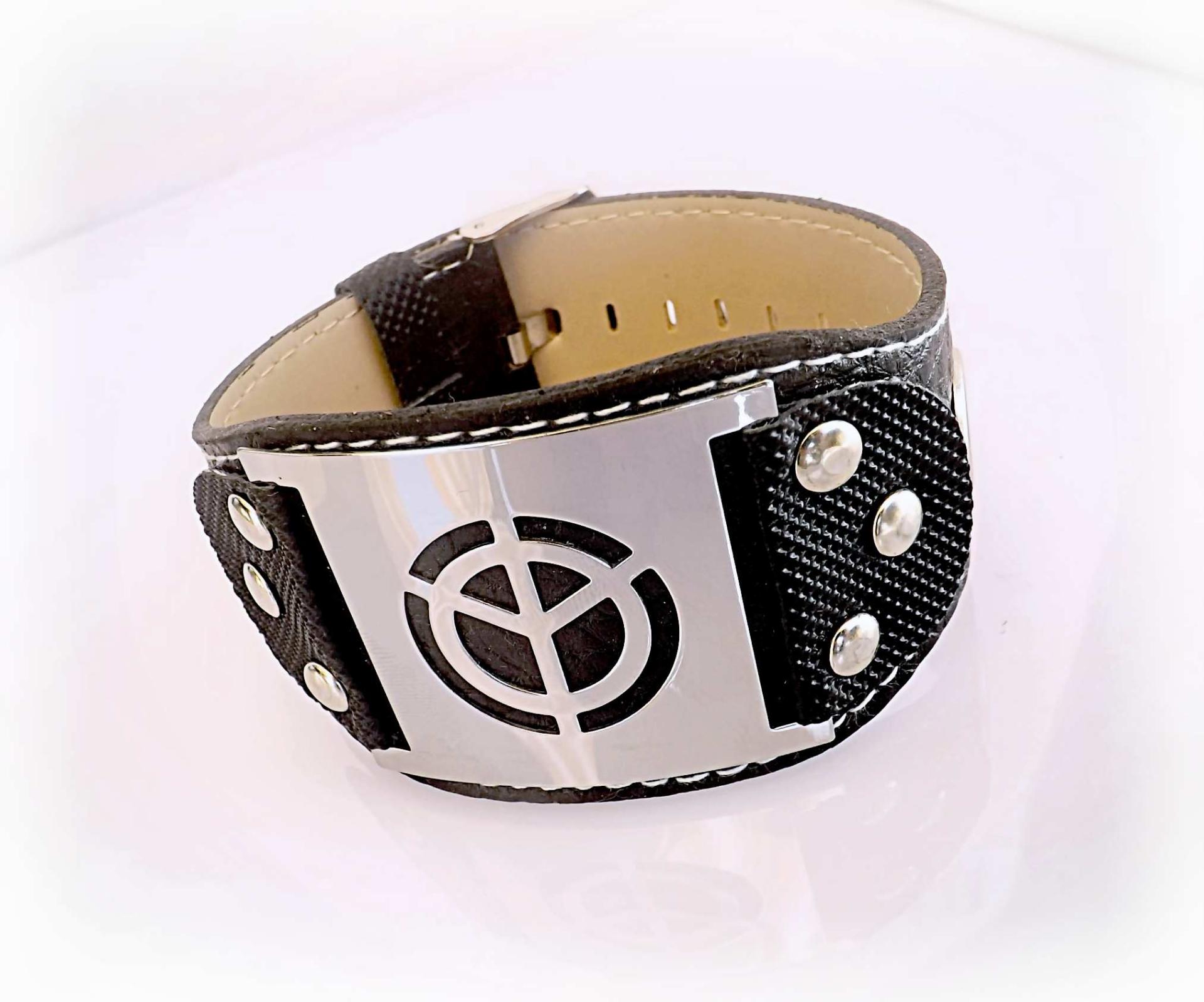 Belt Buckle Bracelet w/ Stainless Steel Cut-out Peace Sign Watch-Style