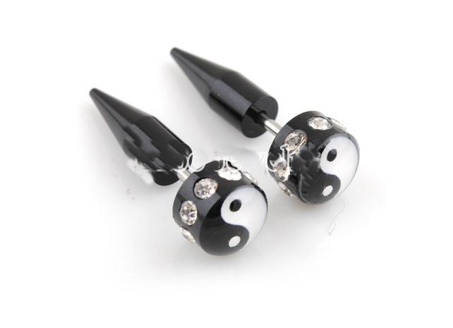 Fake Ear Stretcher Taper - Stainless Steel / Black Acrylic With Gems