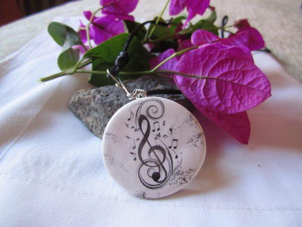 Black and White Treble clef adjustable pendant hand crafted