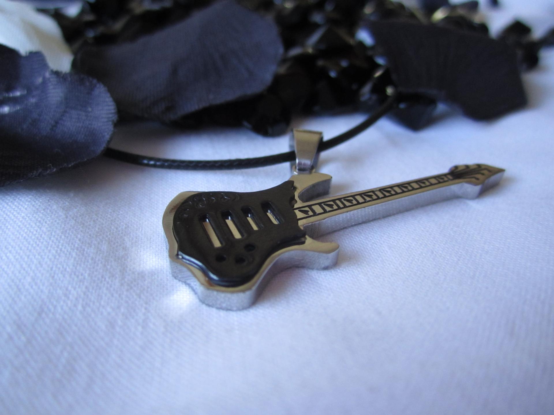 Black Guitar Pendant on thin leather cord