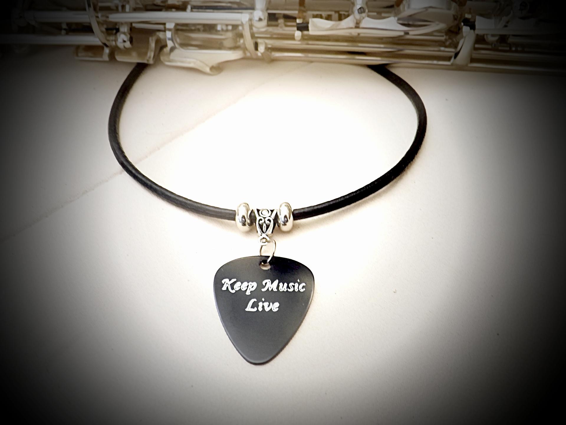 Leather Choker with Metal Guitar Pick - Choice of Slogan and Colour