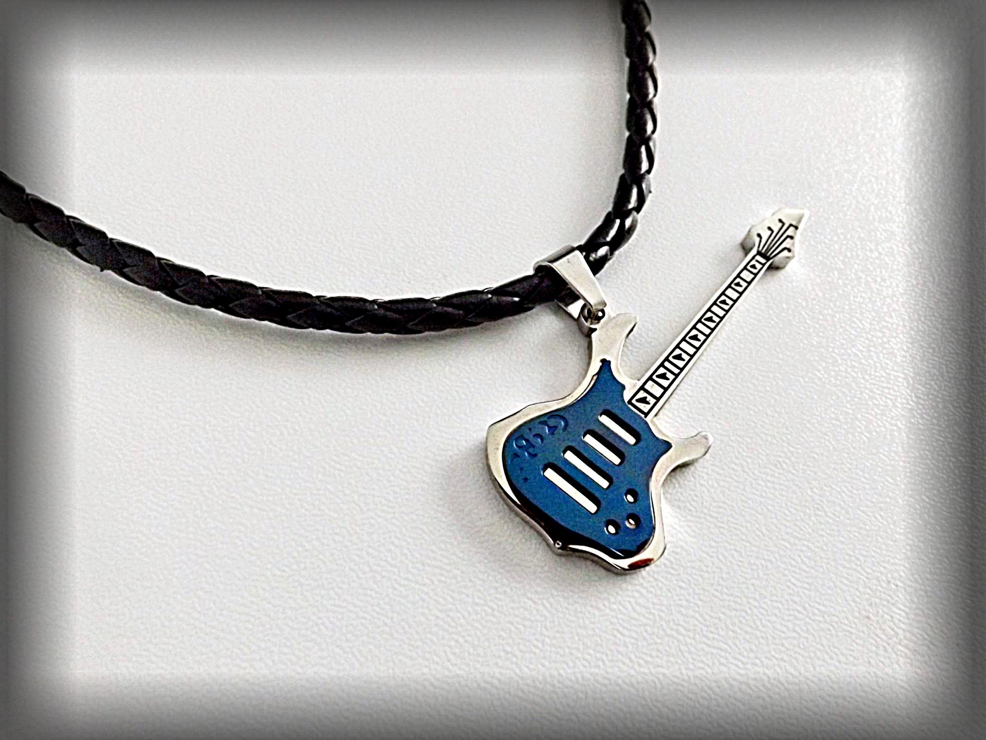 Blue Electric Guitar Pendant Stainless Steel