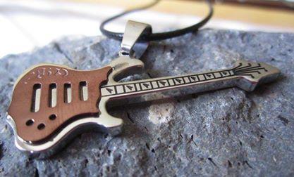 Bronze 2 tone guitar pendant on thin leather cord
