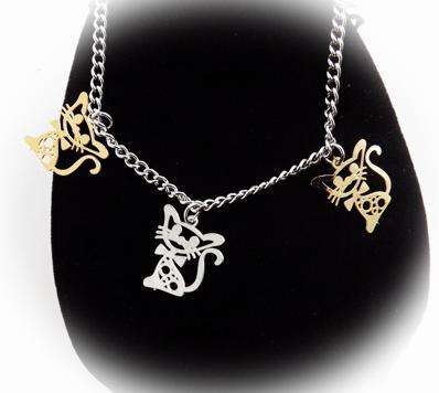 Stainless Steel 2-tone Cut-out Kitten Cat Charm Link Chain Bracelet/ Anklet