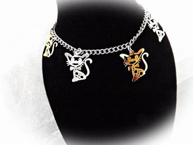 Stainless Steel 2-tone Cut-out Kitten Cat Charm Link Chain Bracelet/ Anklet