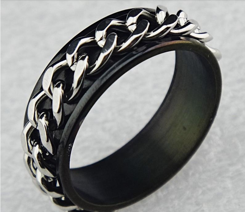 Stainless Steel Black Chain Mens Spinner Rings