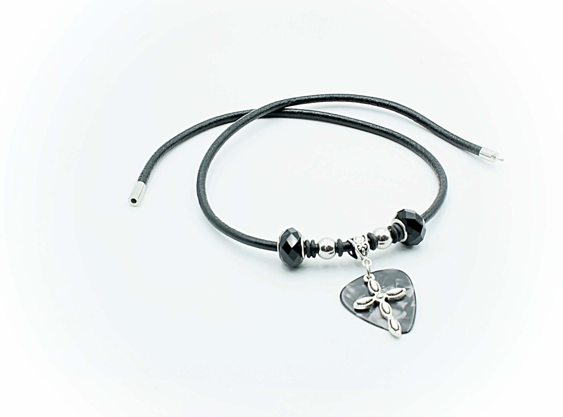 Guitar Pick Necklace With Cross - Genuine Leather -Premier Collection