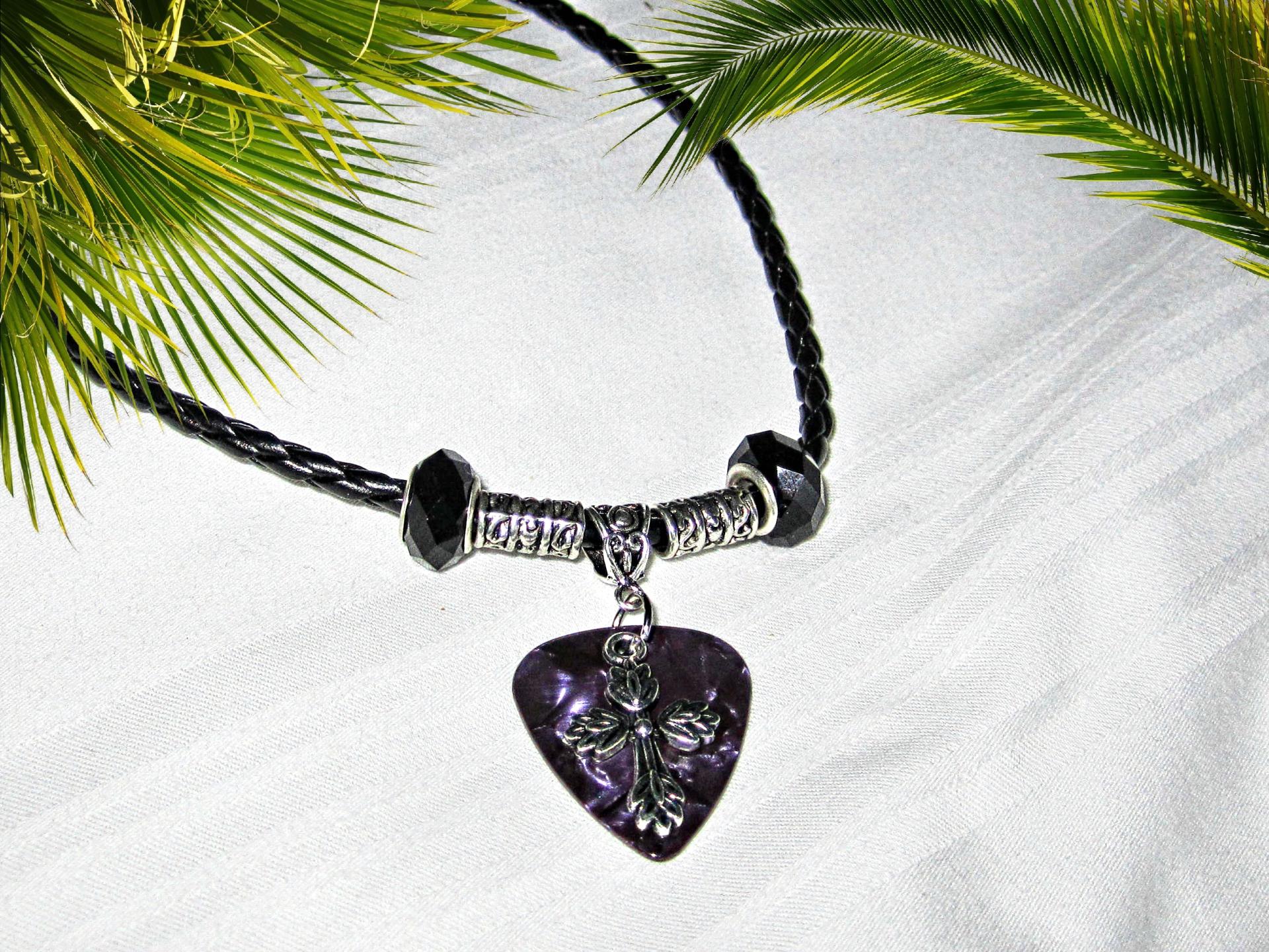 Guitar Pick Necklace With A Cross Charm