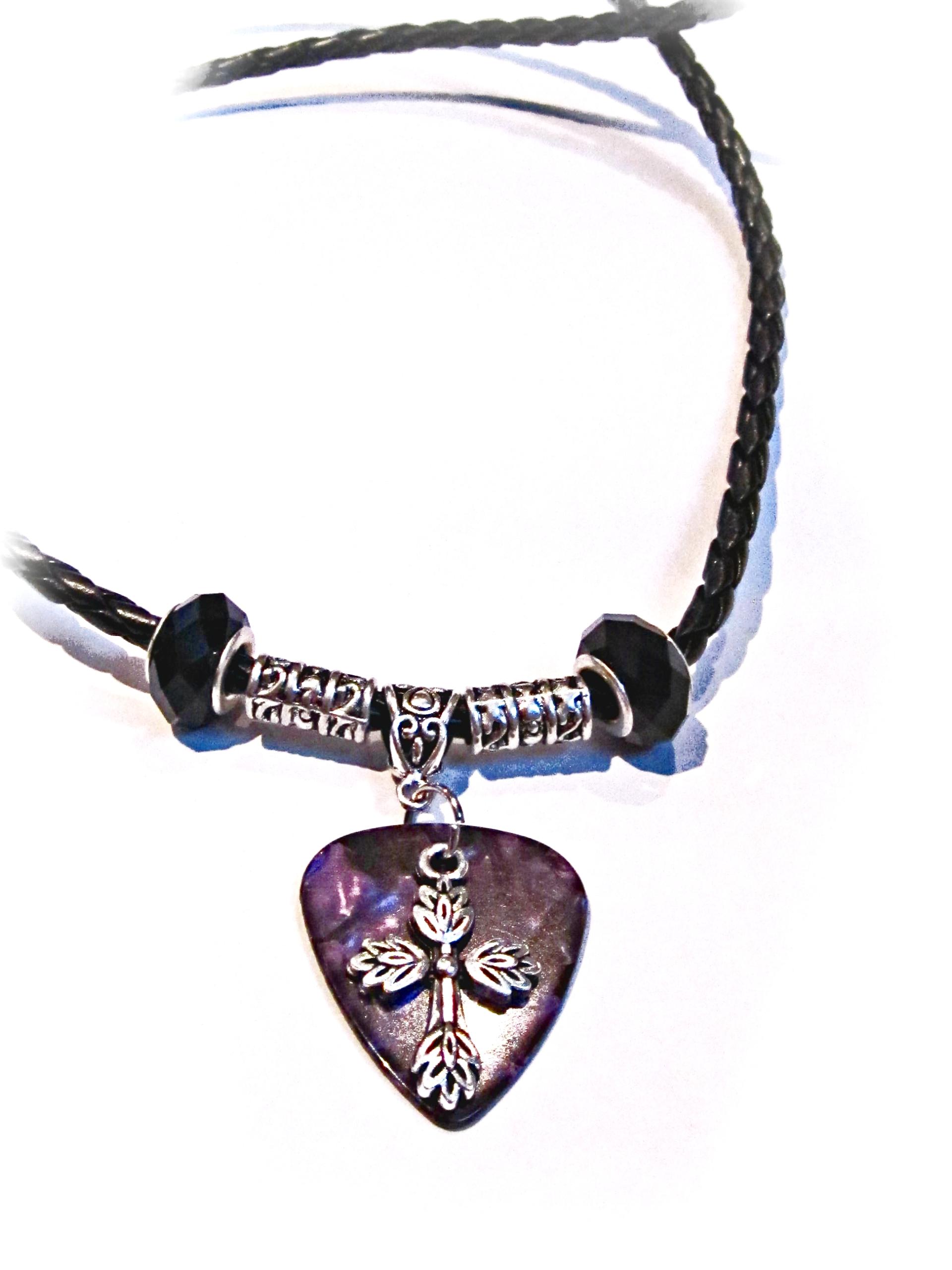 Guitar Pick Necklace With A Cross Charm