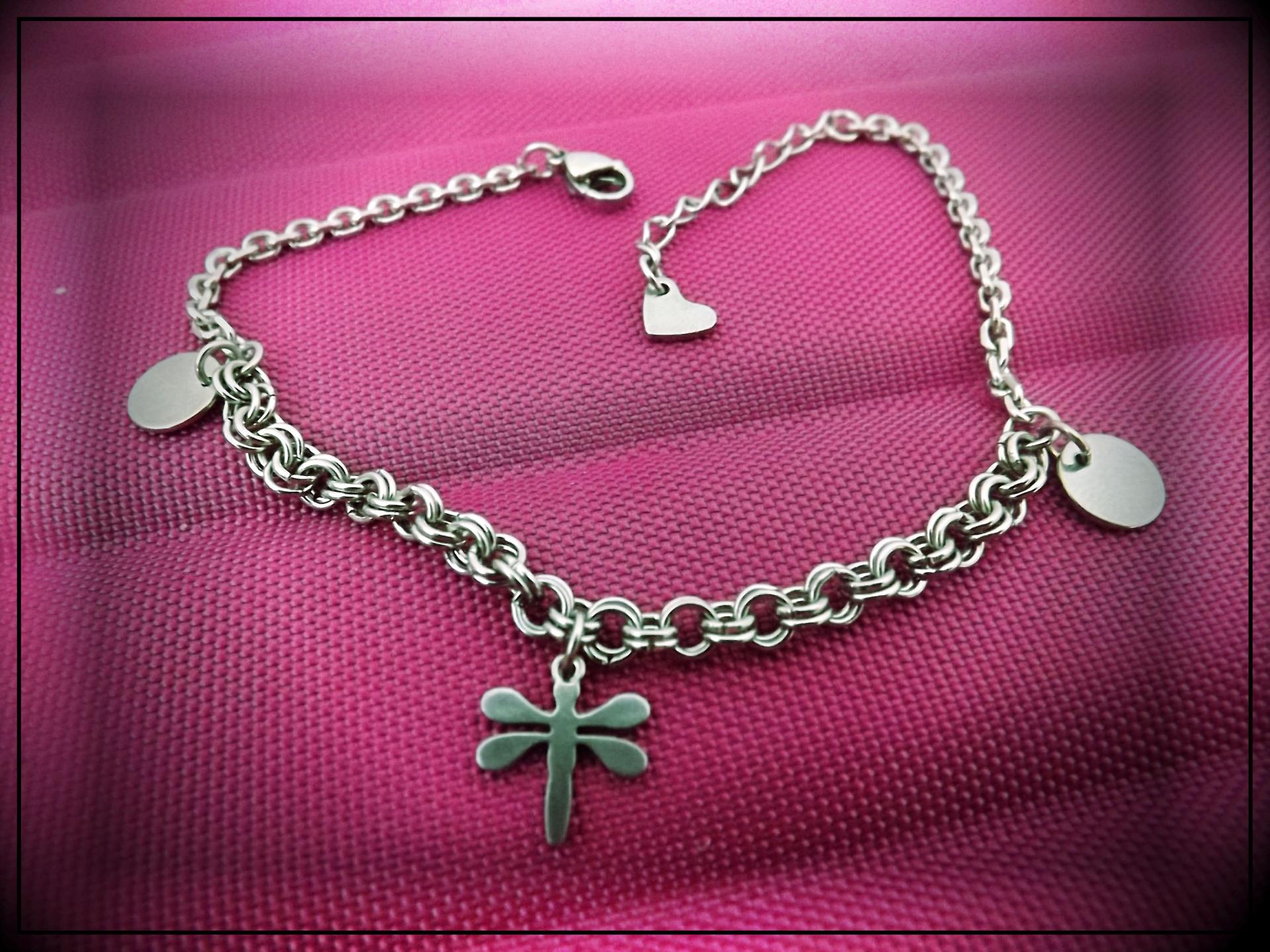 Dragonfly Circle Disc Love Heart Charm Bracelet