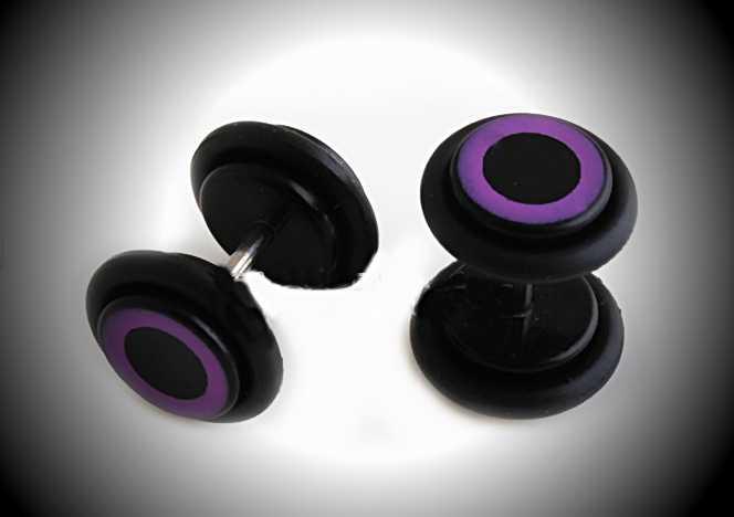 Fake Ear Plug with O Ring - Stainless Steel Black & Purple