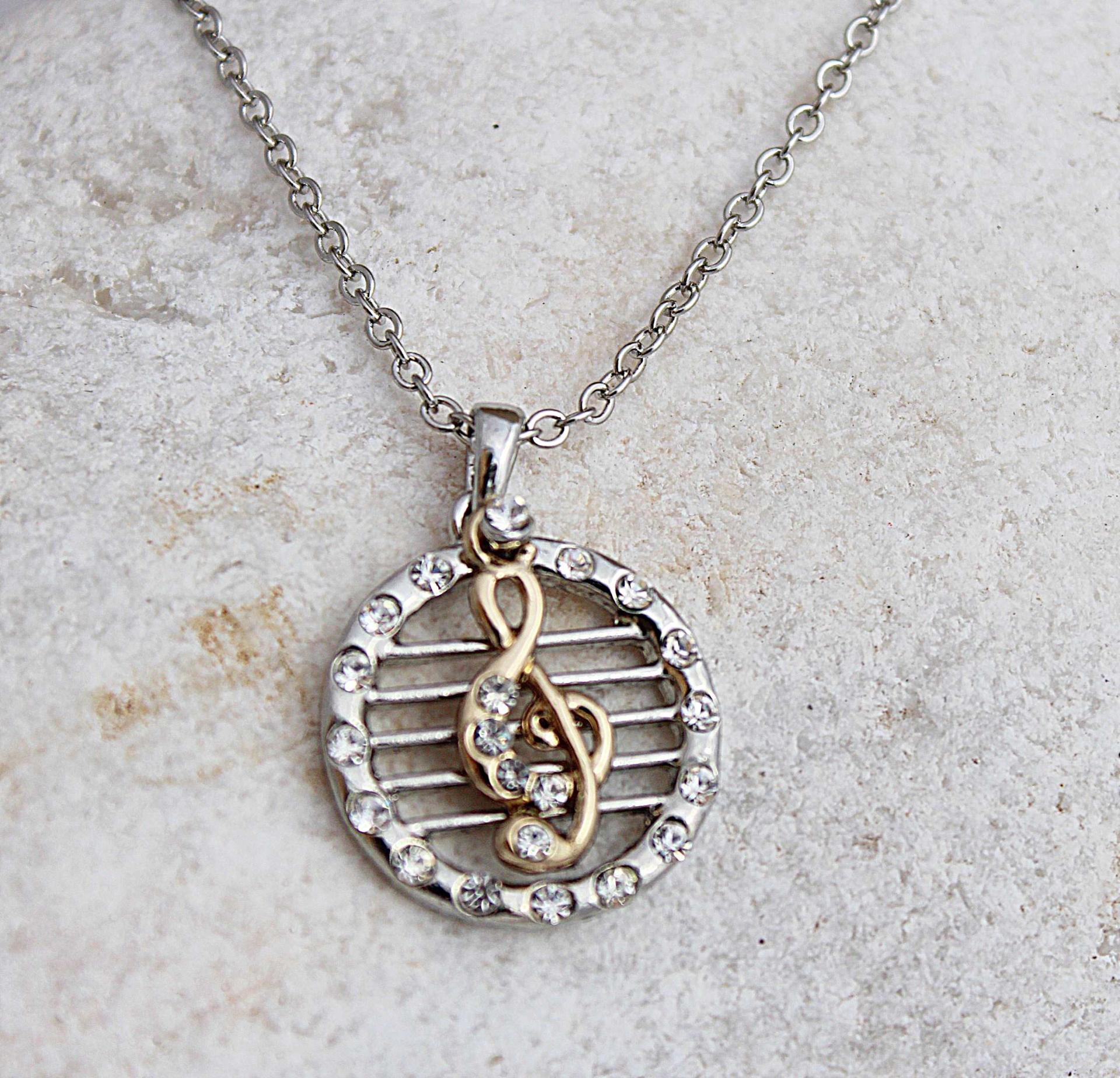 G Clef Staff Music Necklace - 2 Tone Style