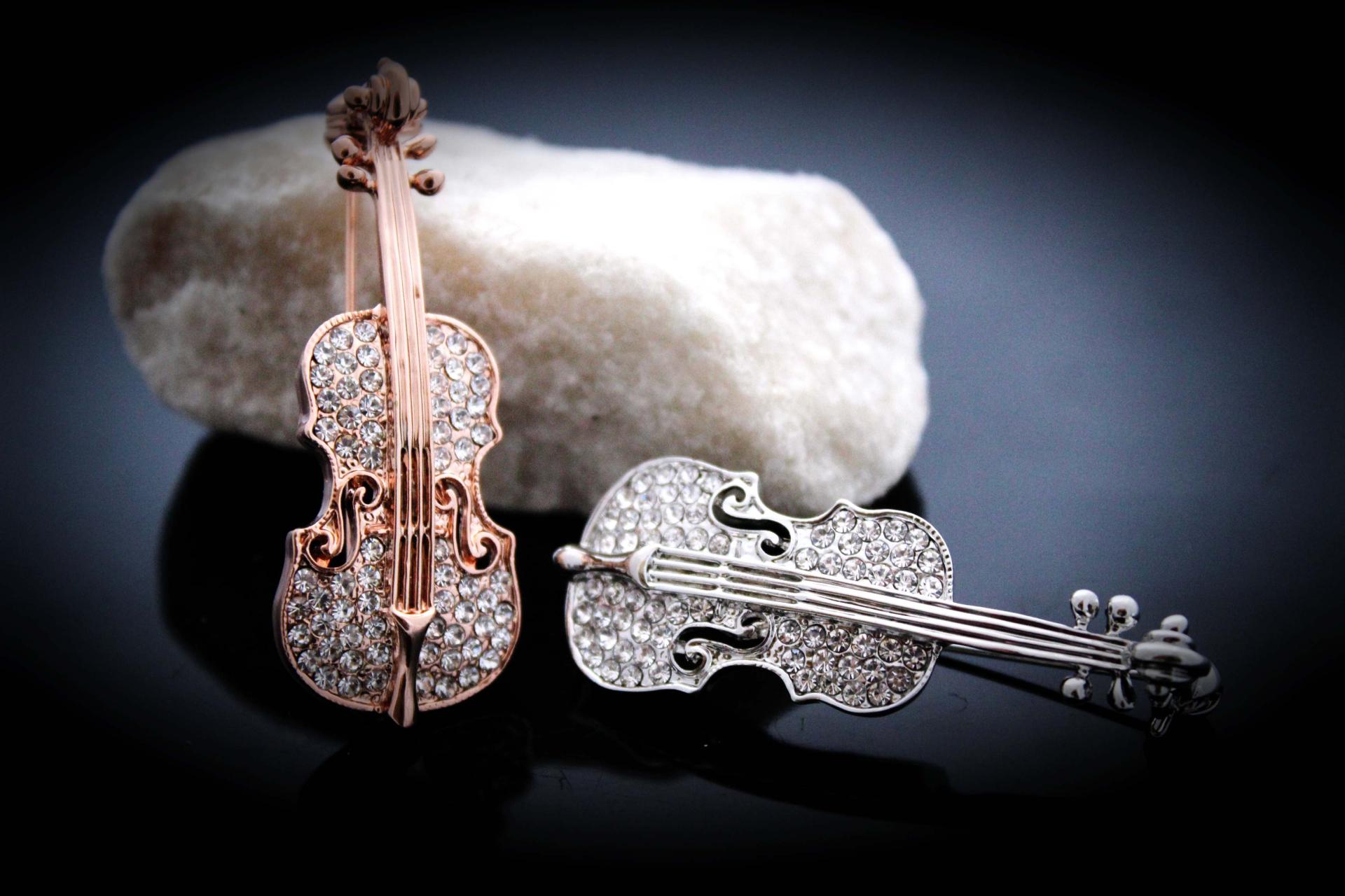 Violin Crystal Pin Brooch Silver and Gold