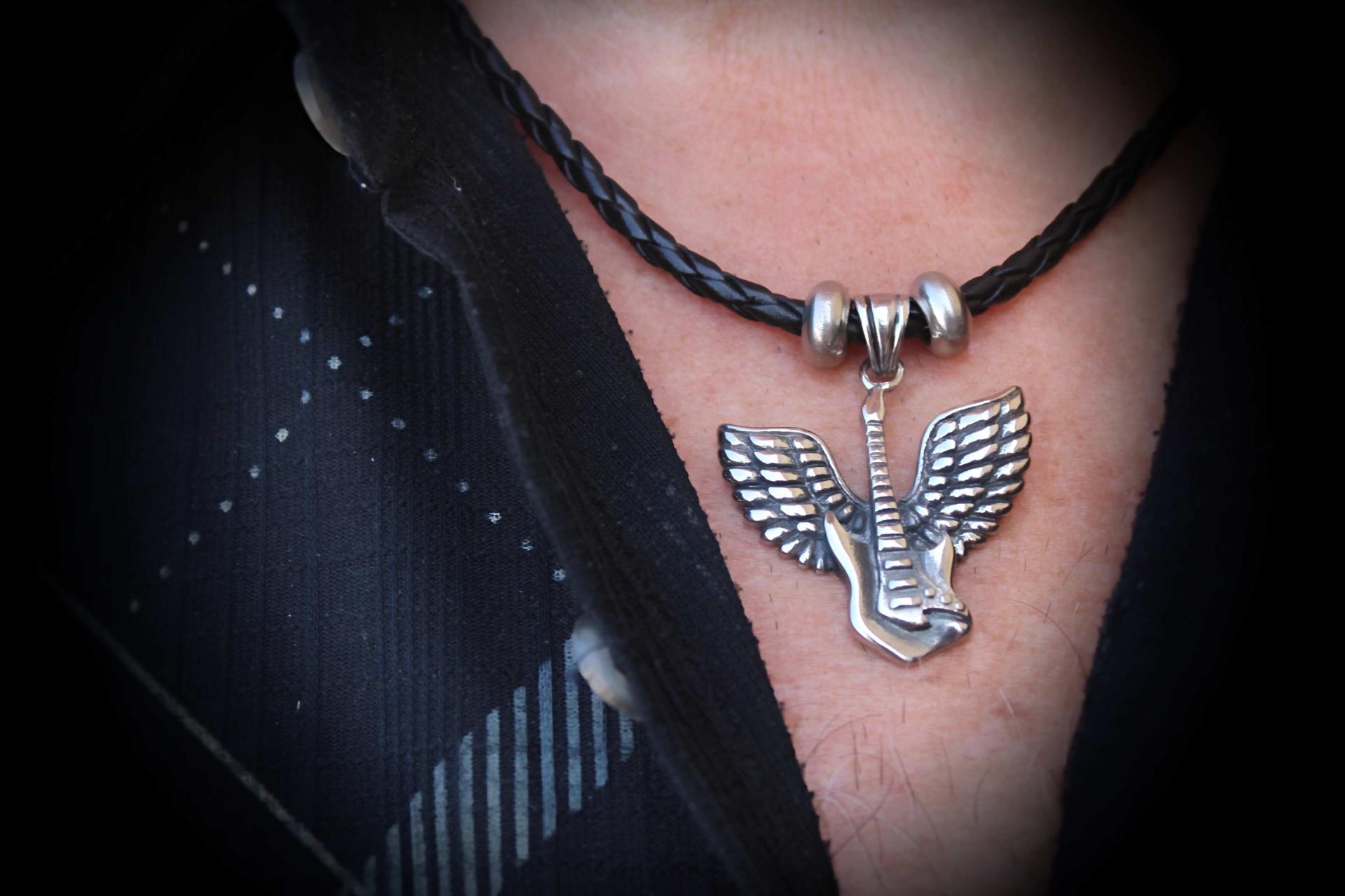 Guitar With Guardian Angel Wing Biker Music Pendant  - Customise!