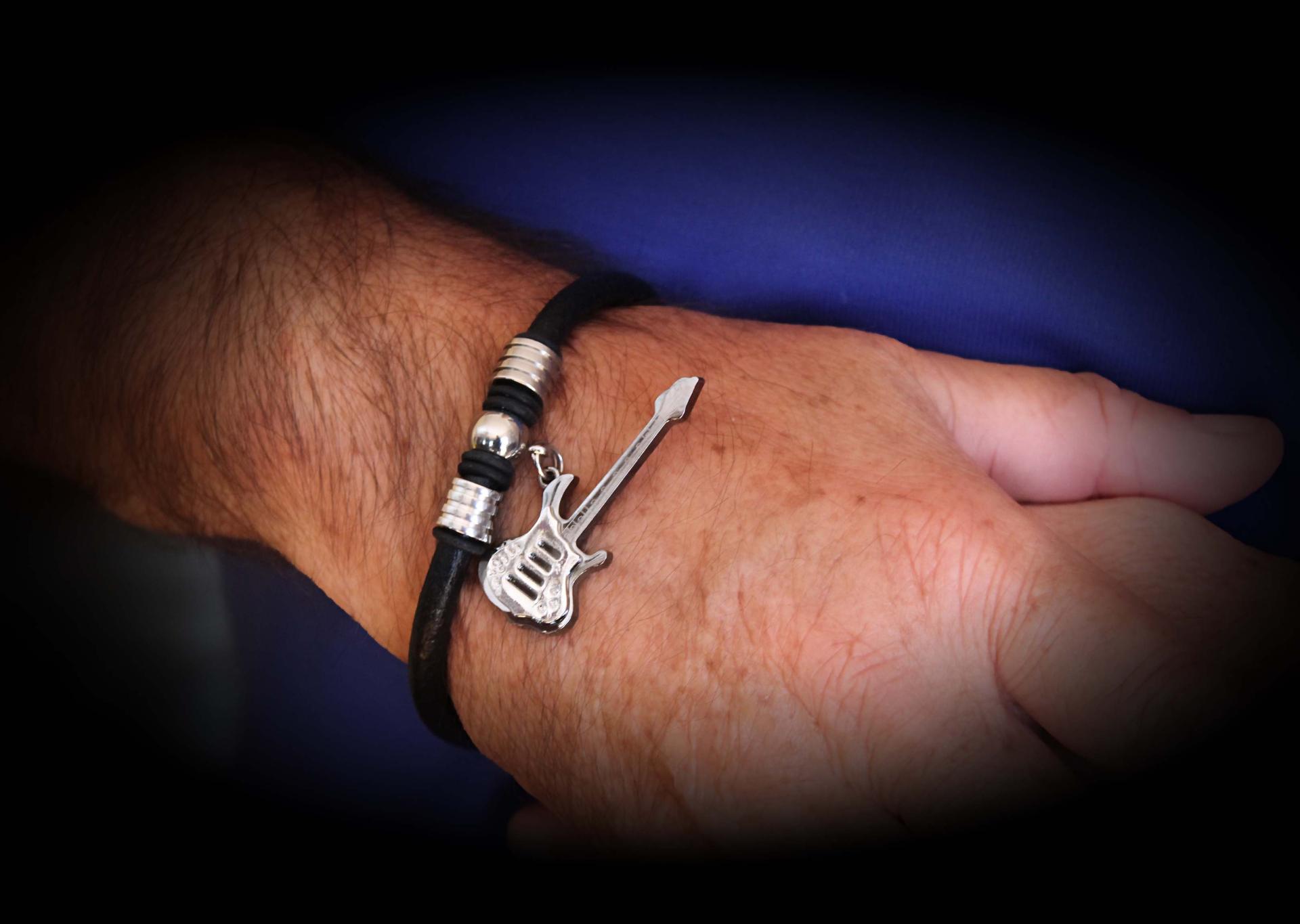 Guitar Dangle Leather & Steel Bracelet - Customisable