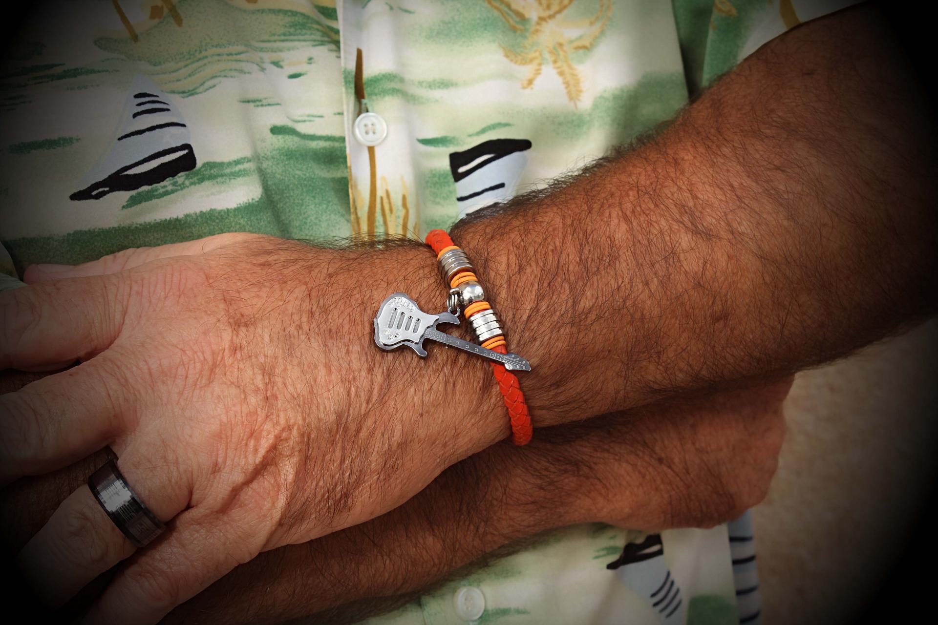 Guitar Dangle Leather & Steel Bracelet - Orange Cord