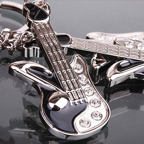 Guitar Keyring - Guitar Shaped Keychain Black with Crystal