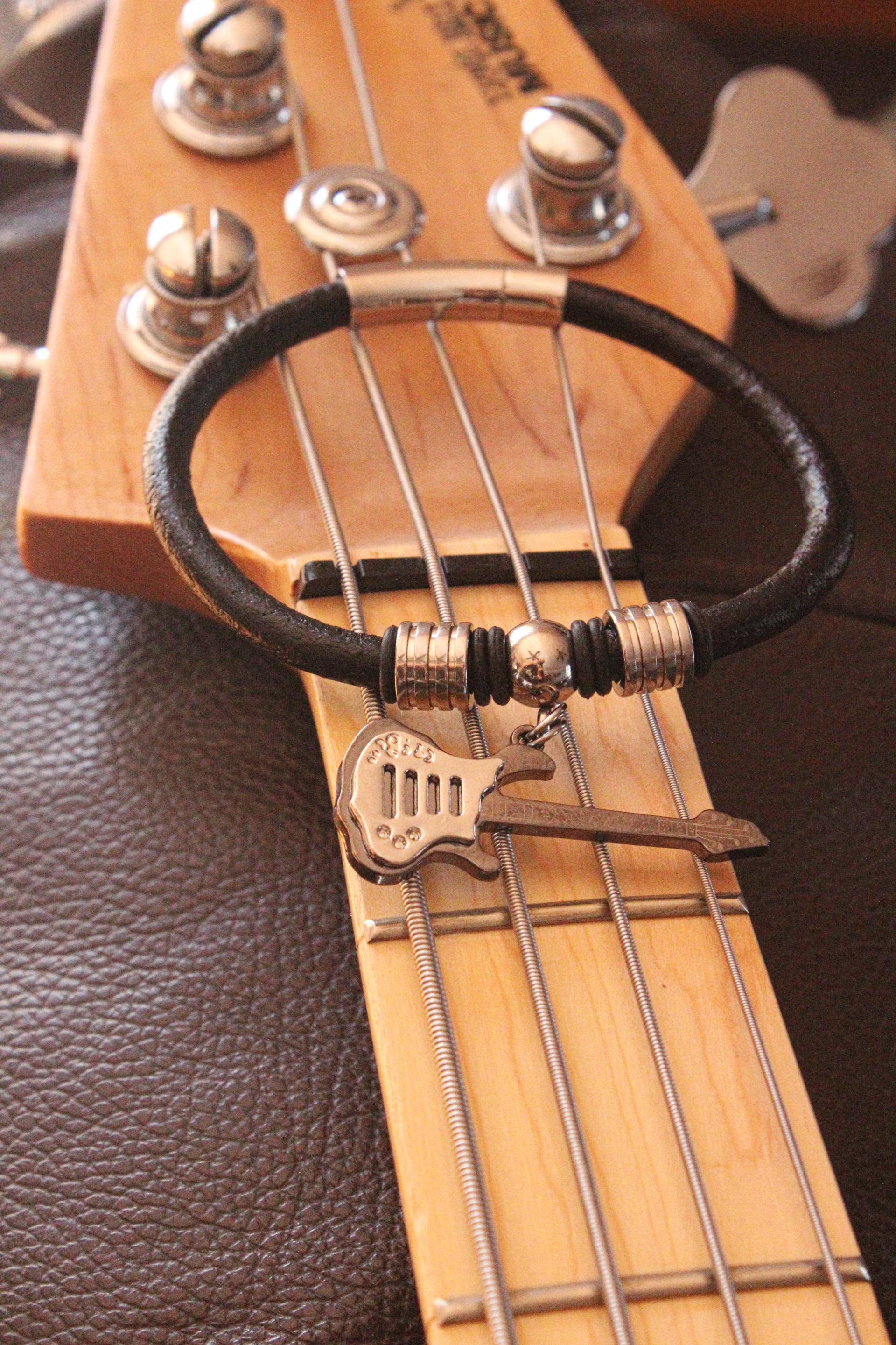 Guitar Dangle Leather & Steel Bracelet - Customisable