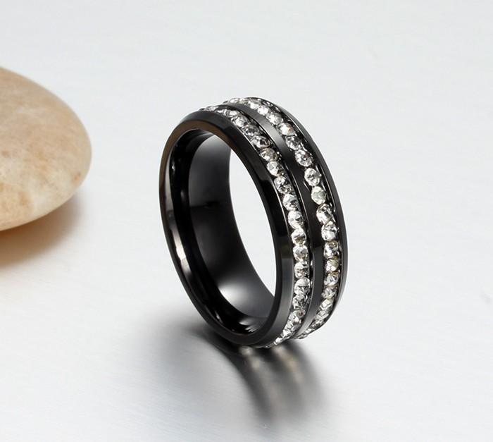 Black Titanium Ring with Double Row Of Crystals