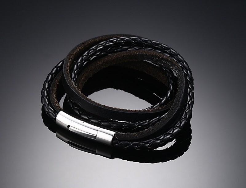 Punk Braided Multi Strand Leather Bracelet with Solid Stainless Steel Clasp