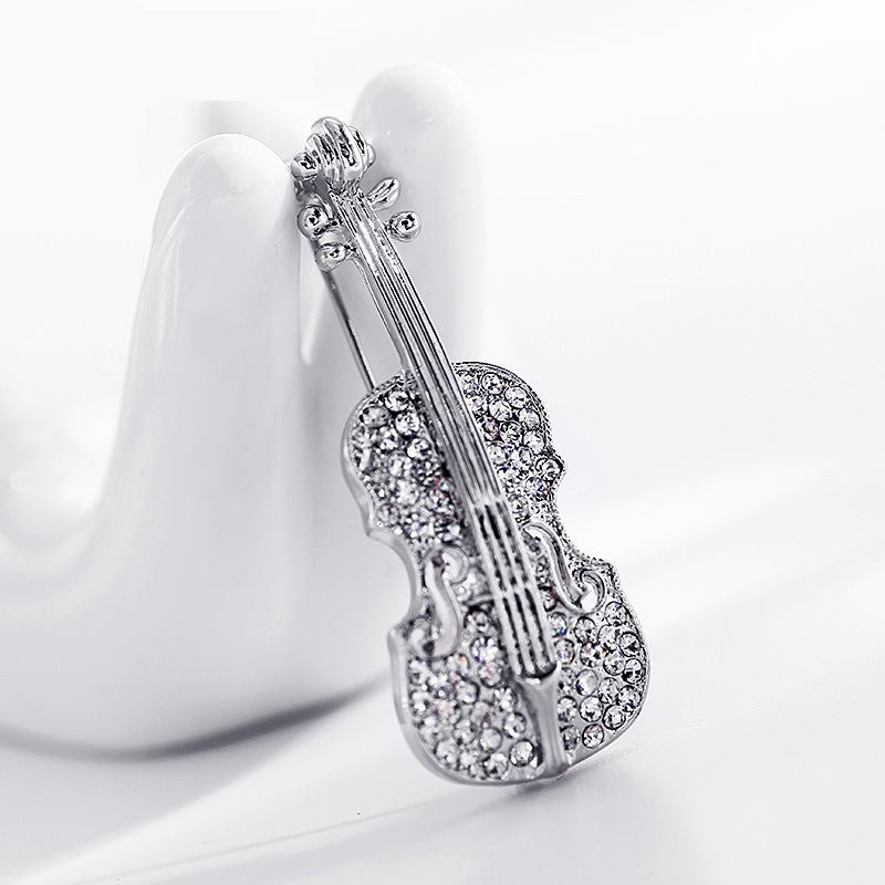 Violin Crystal Pin Brooch Silver