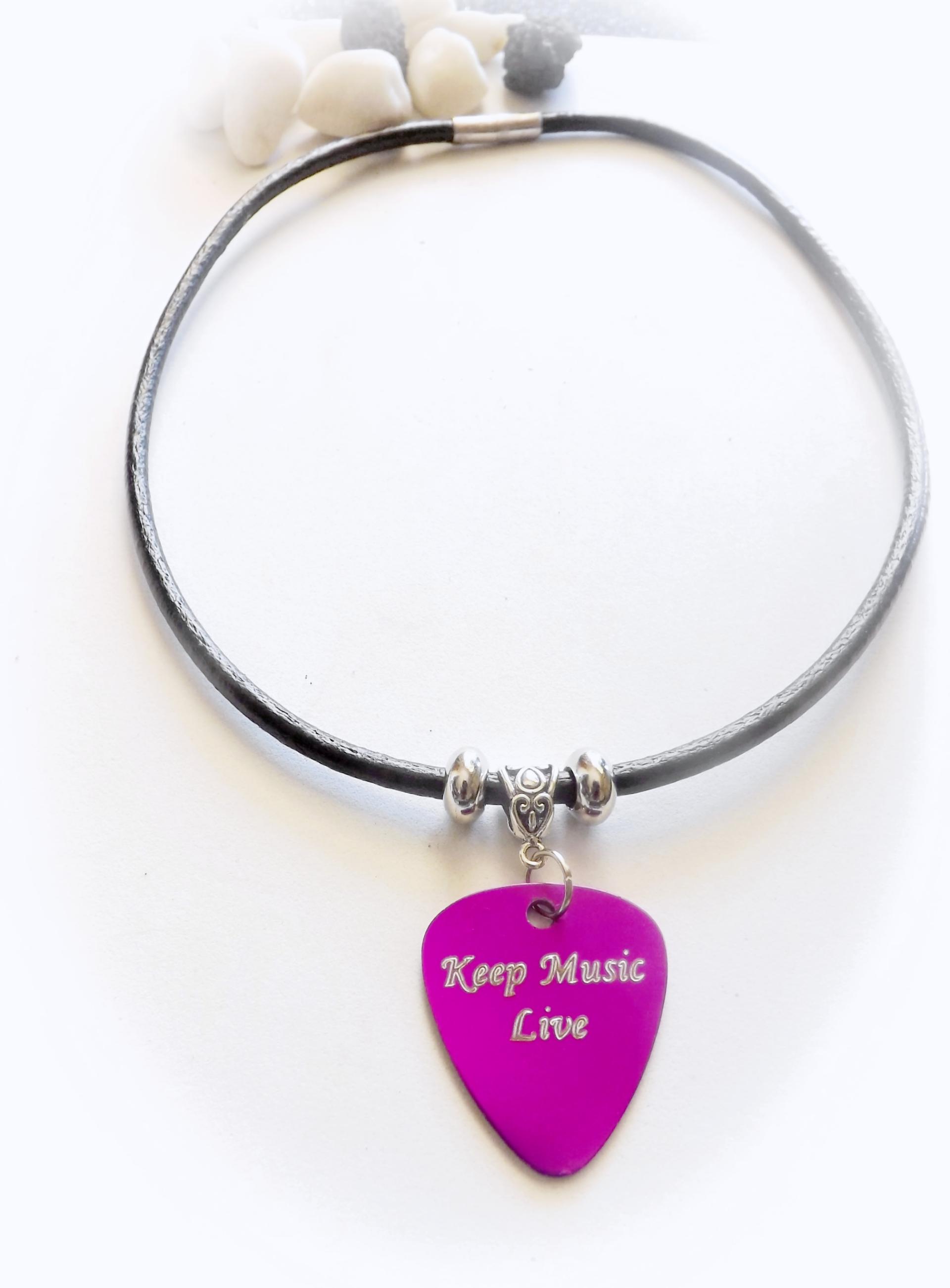 Leather Choker with Metal Guitar Pick - Choice of Slogan and Colour