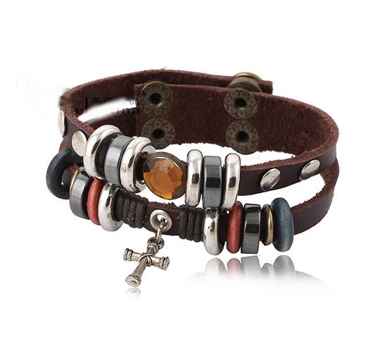 Stainless Steel and Leather Wrap Bracelet with Cross