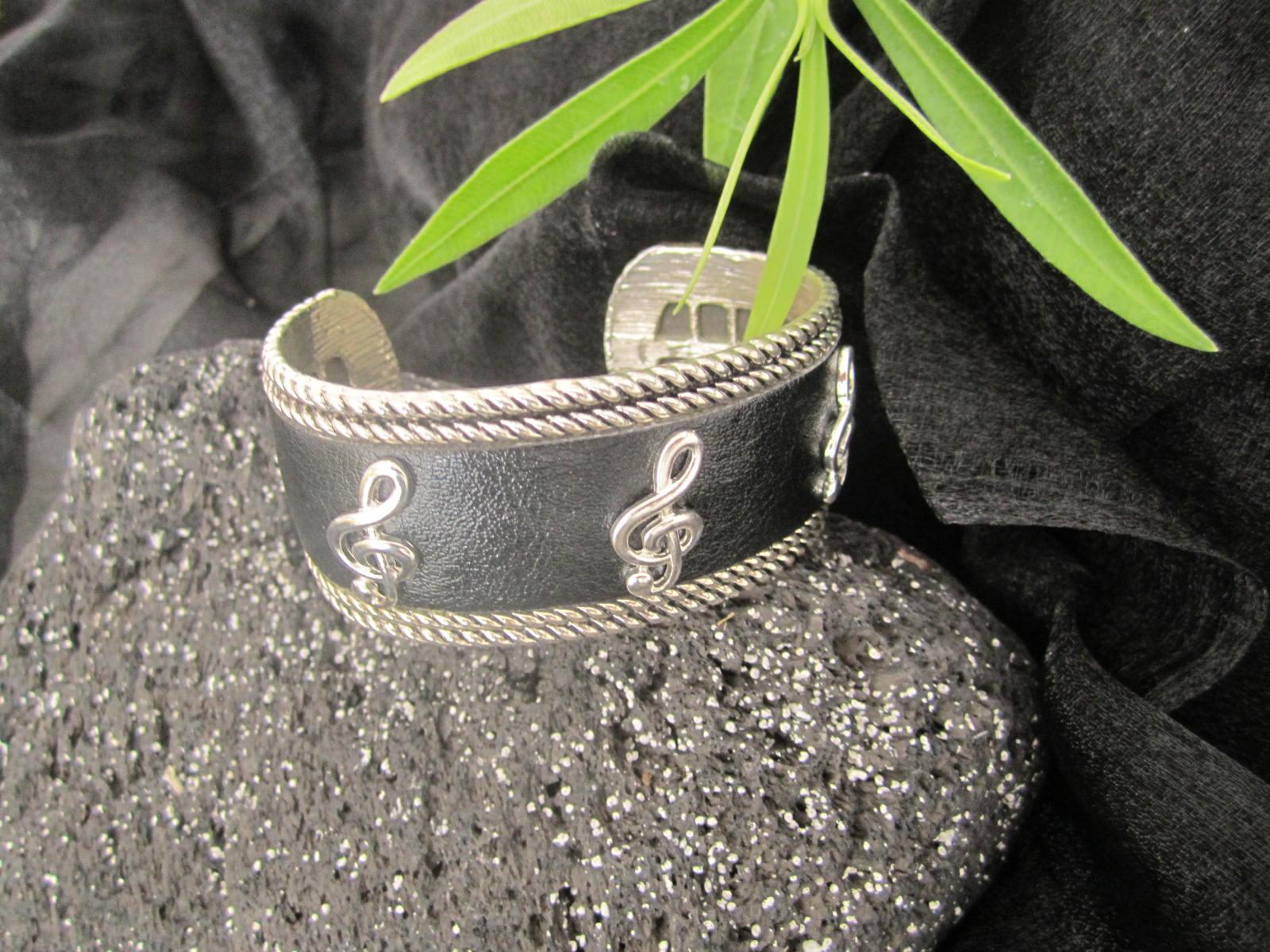 Silver and Black Leather Cuff Bangle with G Clef Design