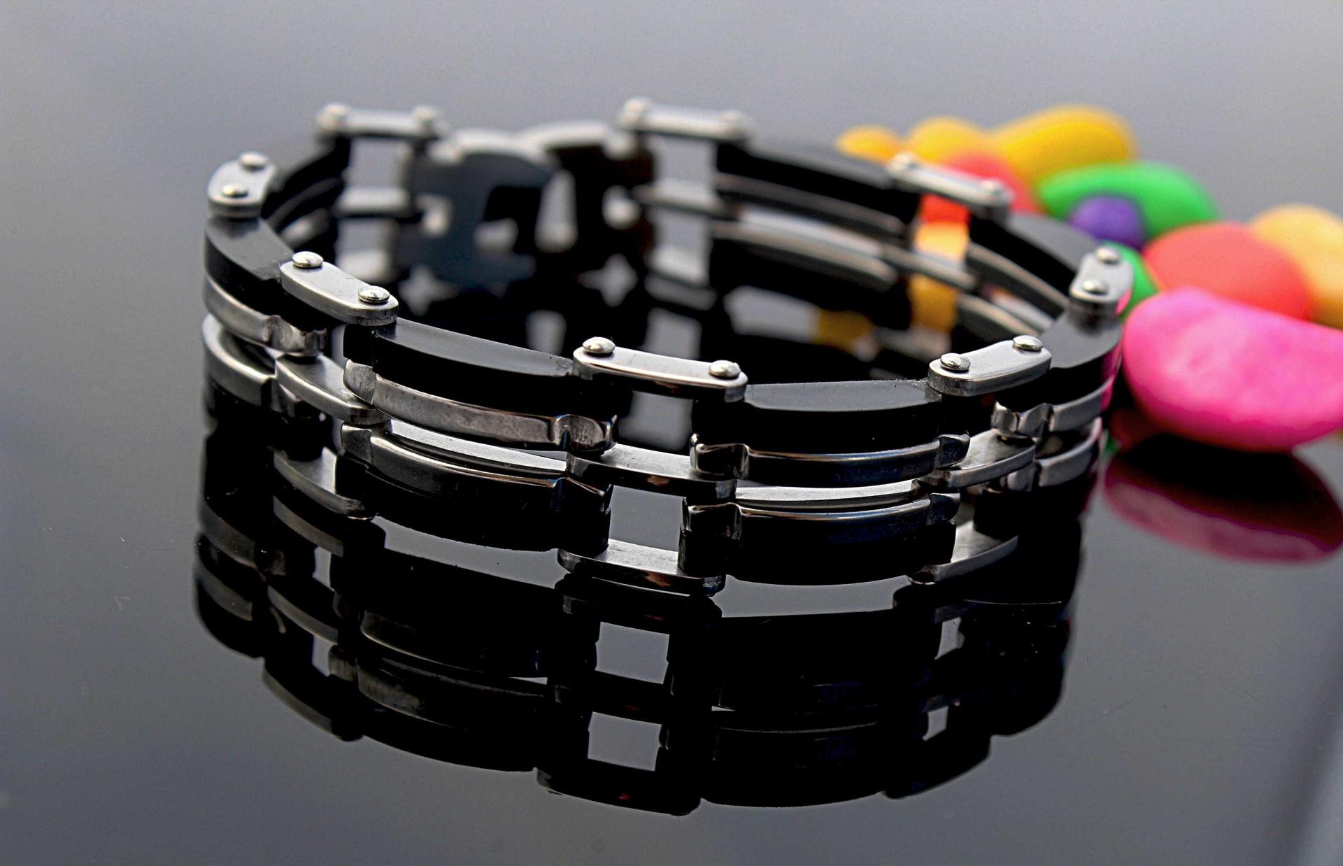 Mens Stainless Steel  & Black Geometric Link Bracelet