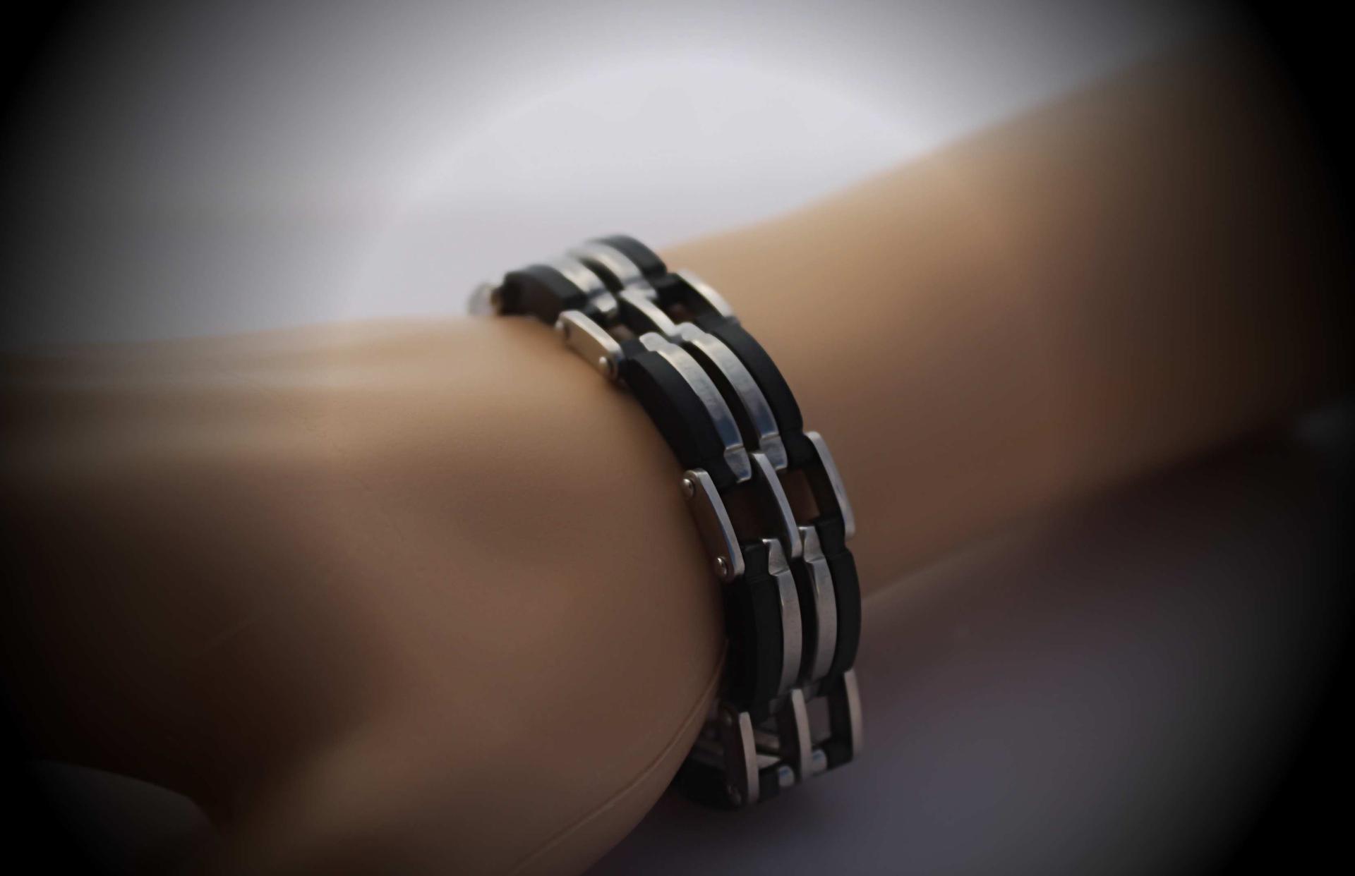 Mens Stainless Steel  & Black Geometric Link Bracelet