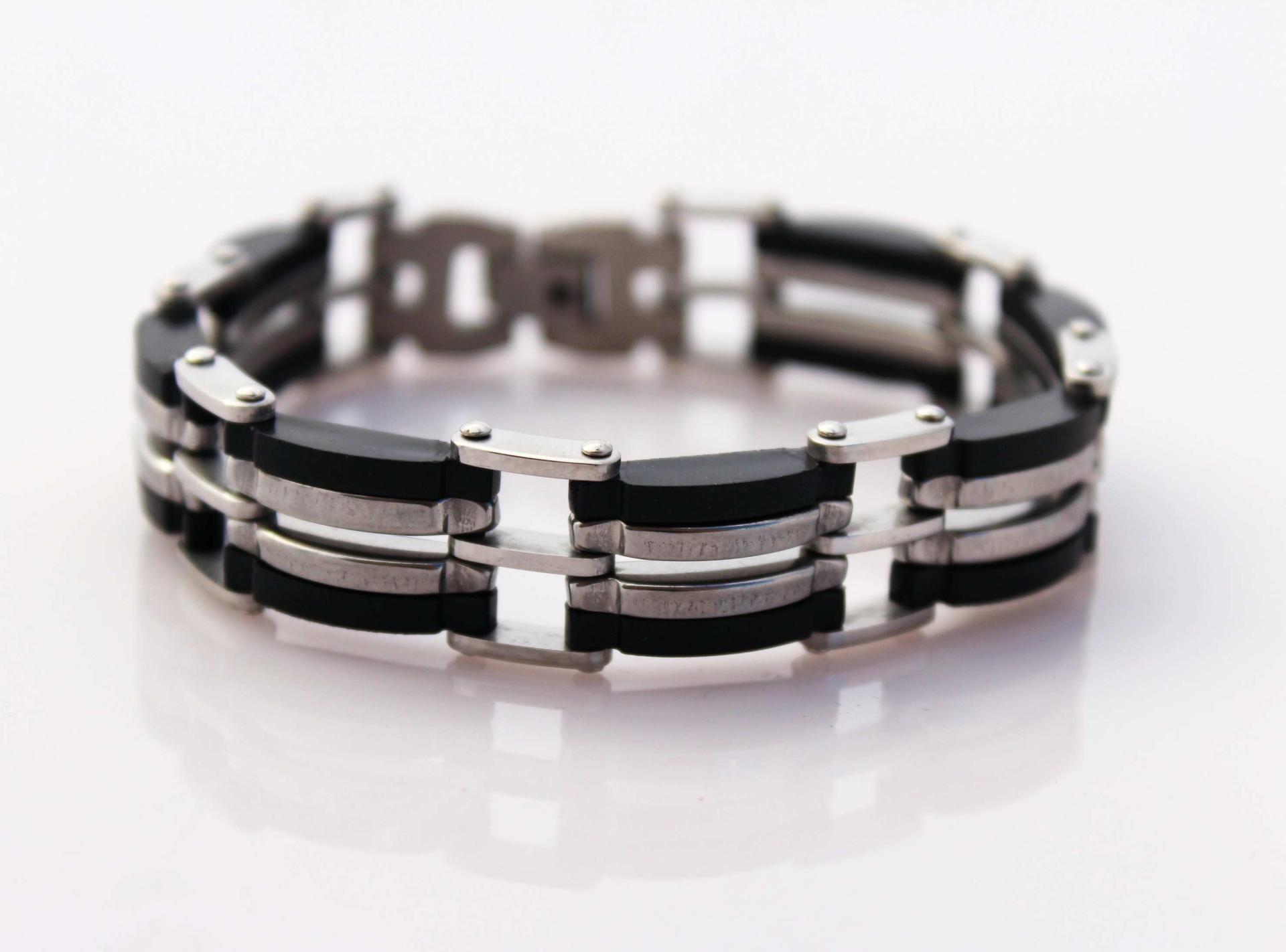 Mens Stainless Steel & Black Geometric Link Bracelet