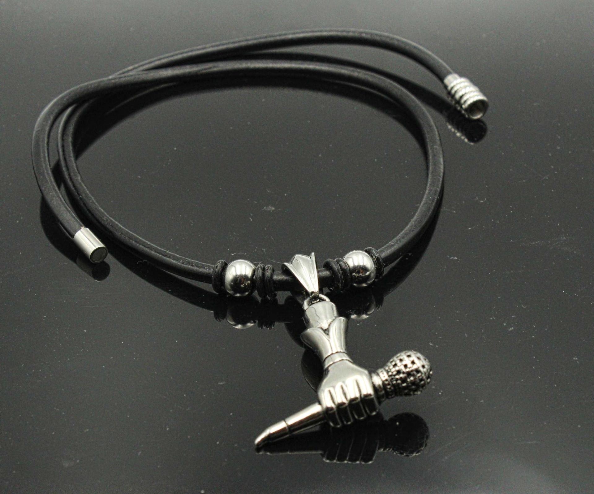 Microphone With Hand Stainless Steel Pendant -Leather cord with beads