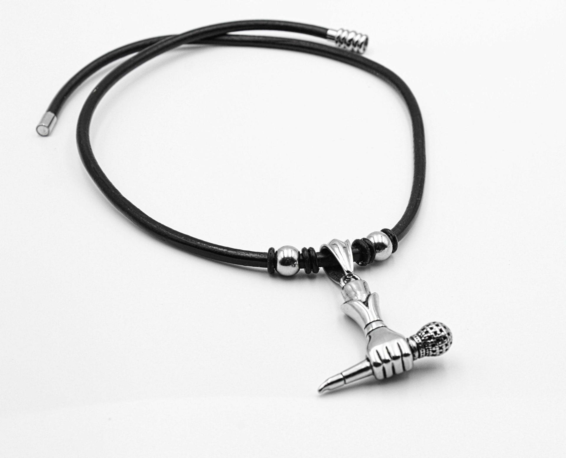 Microphone With Hand Stainless Steel Pendant -Leather cord with beads